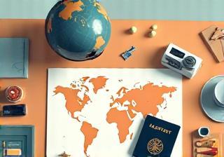 Passport and map on a table with travel items